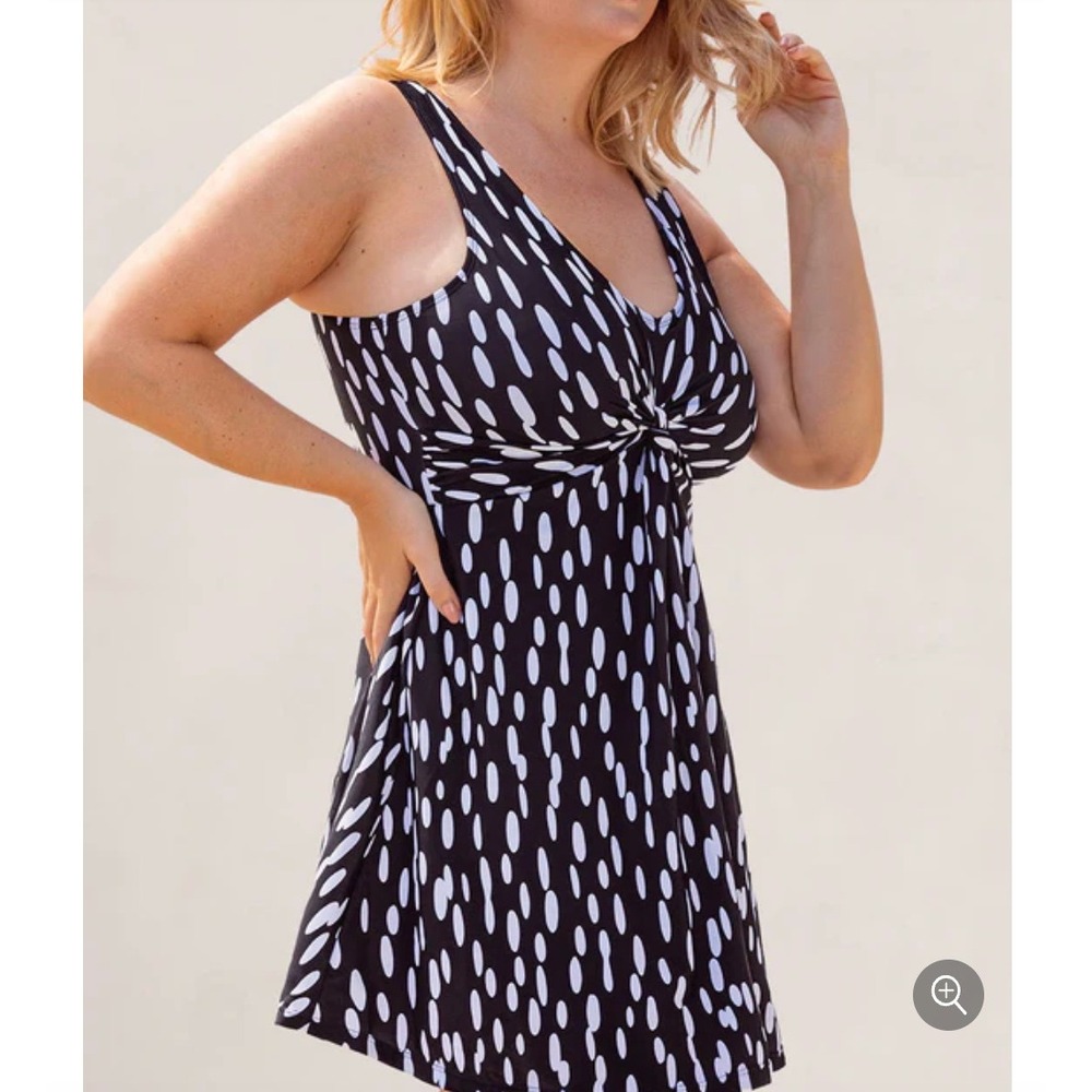 Shapermint Essentials Black White Polka Dot Twist Front Swim Dress XL